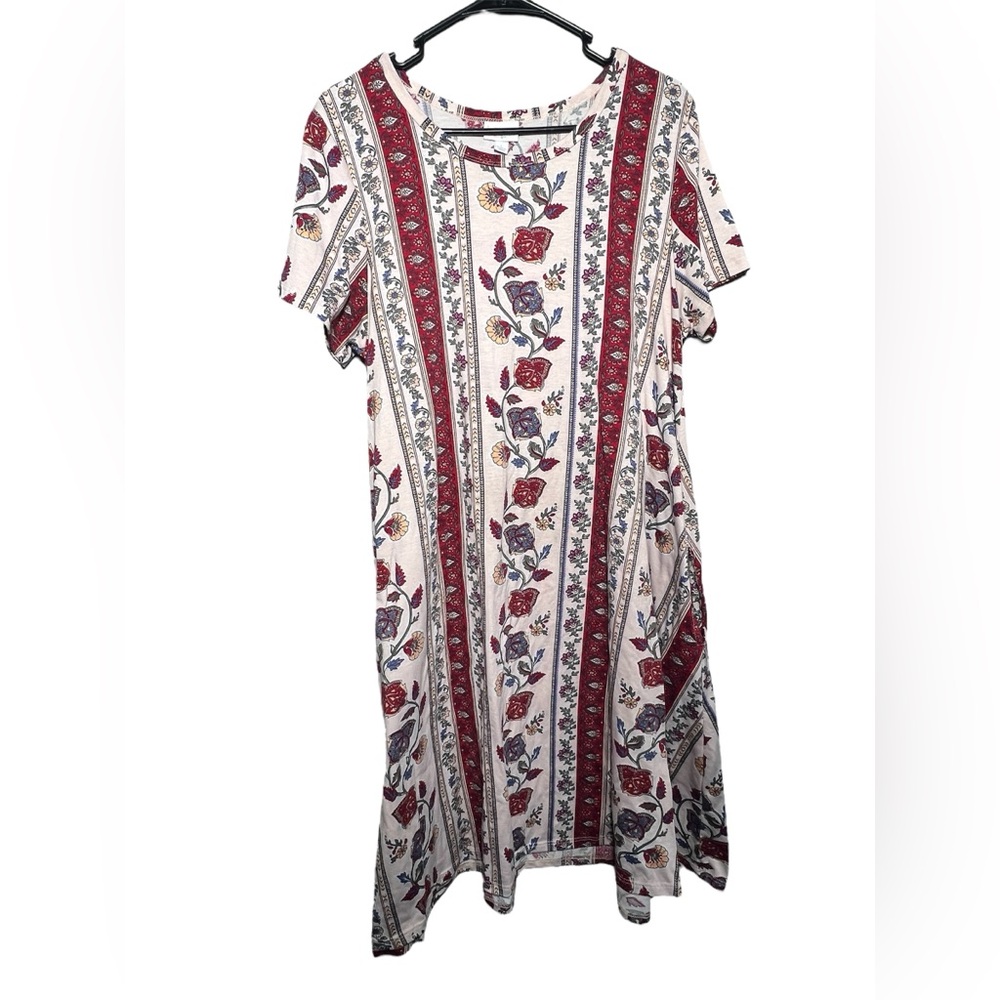 LuLaRoe Floral Stripe Short Sleeve Swing Dress – Size Large - Picture 3 of 5